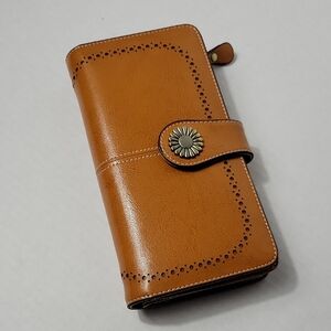 Sendra Tan Leather Wallet with Floral Concho Snap